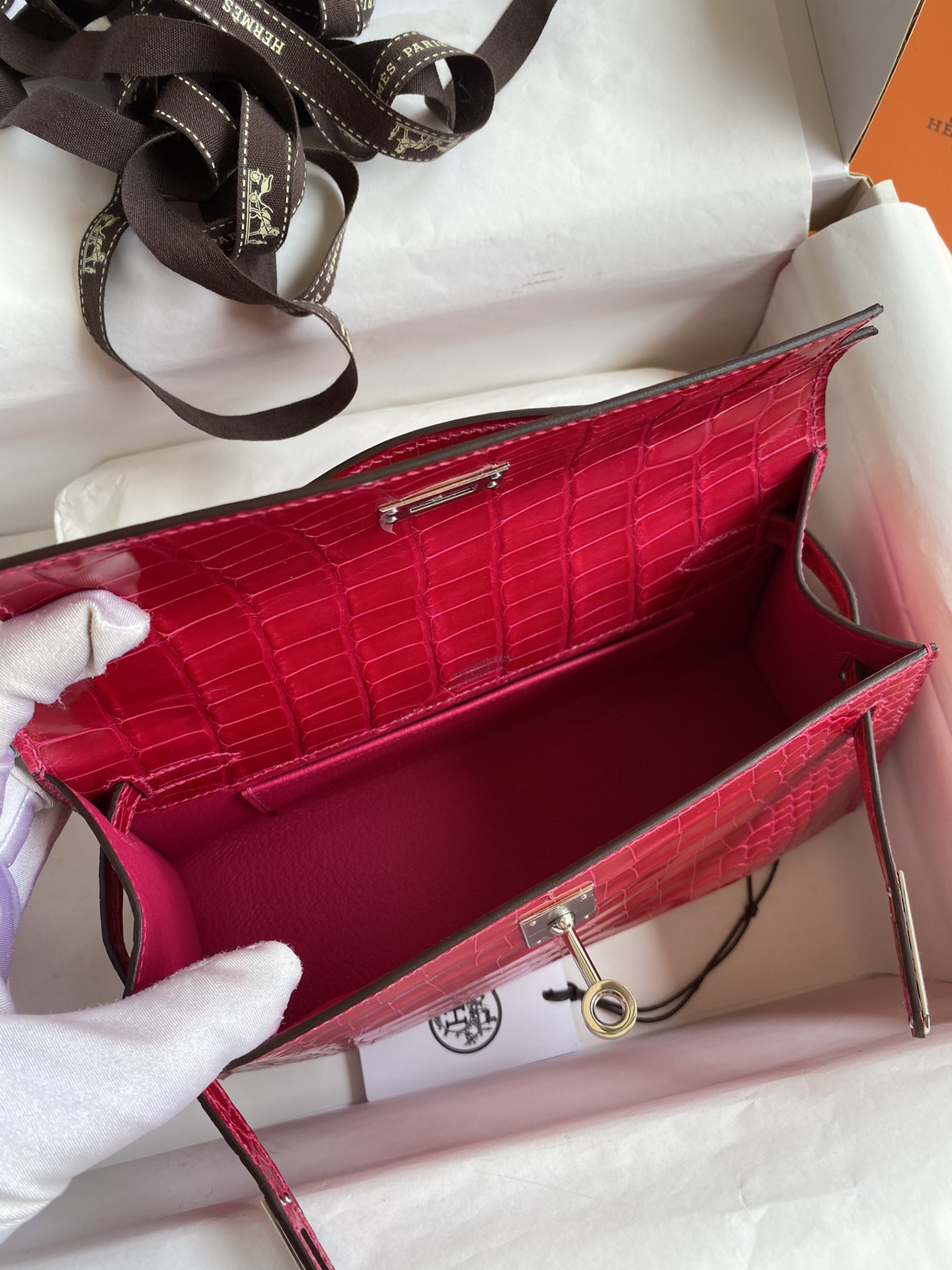 Hermes Mini Kelly Pochette 22cm Bag In Rose Red Shiny Alligator Leather